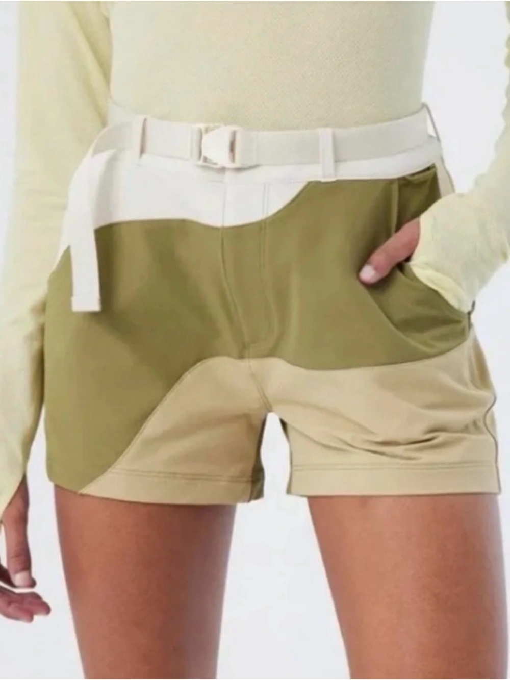 Outdoor Voices Olive and Cream Colorblock Athletic Shorts